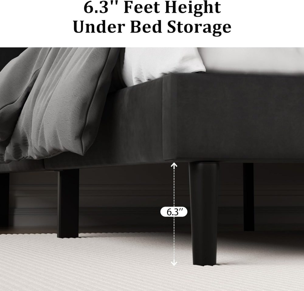 Platform Bed Frame with Upholstered Velvet Button Tufted Headboard, Mattress Foundation with Wooden Slat Support, Black - Image 2