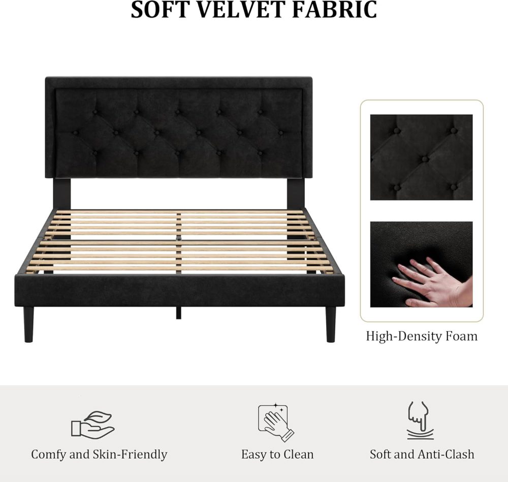 Platform Bed Frame with Upholstered Velvet Button Tufted Headboard, Mattress Foundation with Wooden Slat Support, Black - Image 3