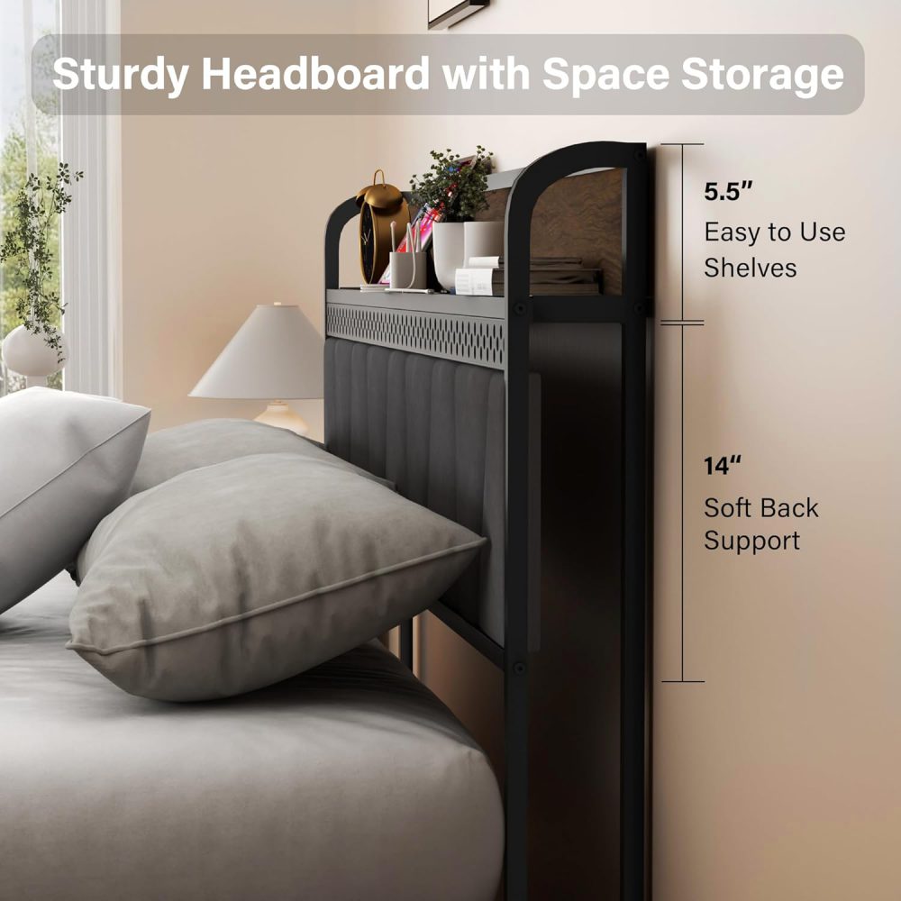 With Storage Headboard, Metal Platform Size Bed Frame with 4 Storage Drawers and Charging Station & LED - Image 3
