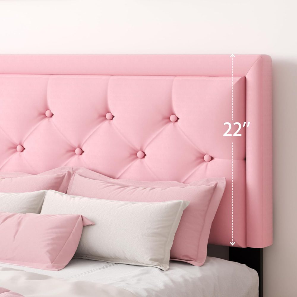Platform Bed Frame with Upholstered Velvet Button Tufted Headboard, Mattress Foundation with Wooden Slat Support, Pink - Image 2