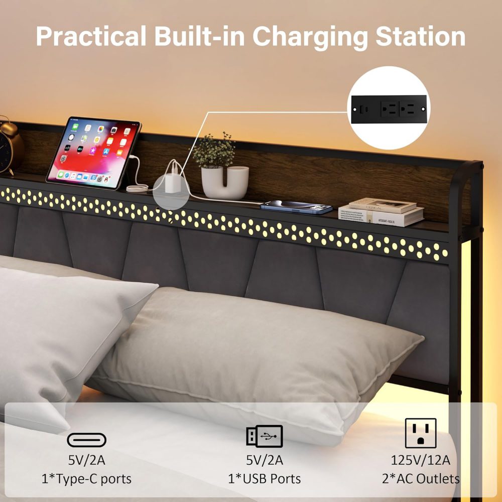 With Storage Headboard, Metal Platform Size Bed Frame with 4 Storage Drawers and Charging Station & LED - Image 4