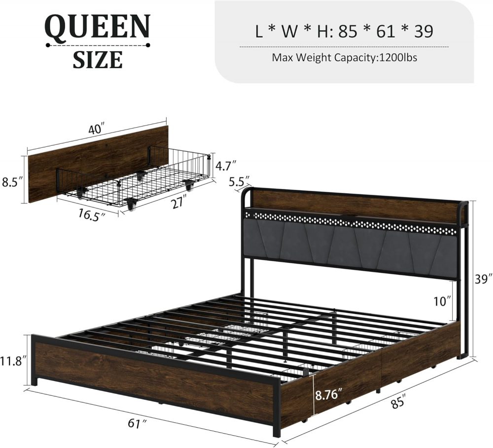 With Storage Headboard, Metal Platform Size Bed Frame with 4 Storage Drawers and Charging Station & LED - Image 5