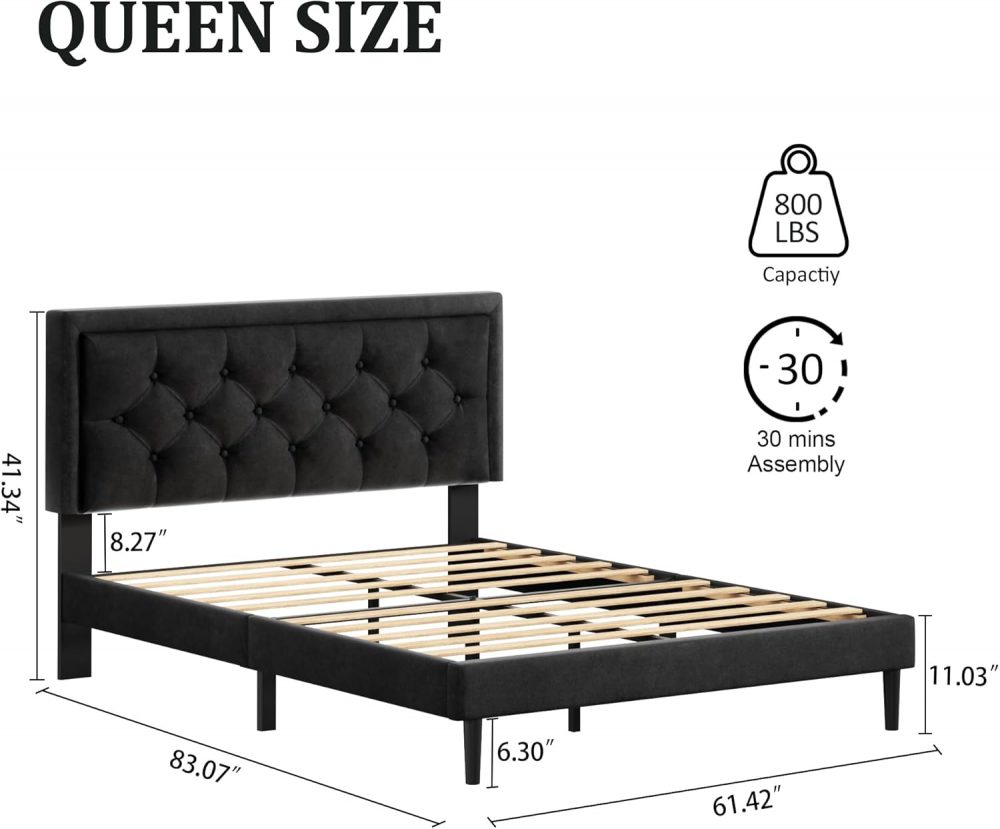 Platform Bed Frame with Upholstered Velvet Button Tufted Headboard, Mattress Foundation with Wooden Slat Support, Black - Image 4