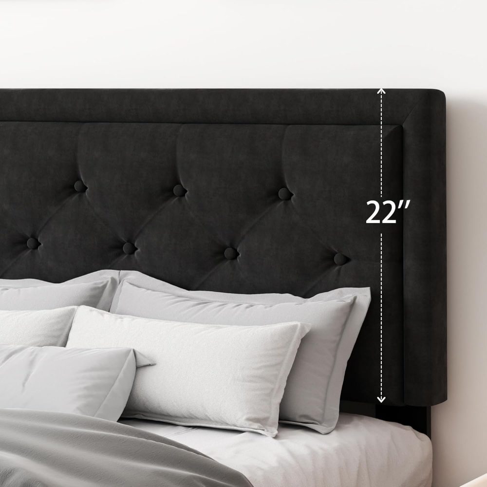 Platform Bed Frame with Upholstered Velvet Button Tufted Headboard, Mattress Foundation with Wooden Slat Support, Black - Image 5