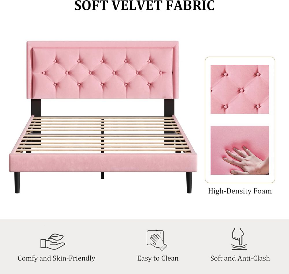 Platform Bed Frame with Upholstered Velvet Button Tufted Headboard, Mattress Foundation with Wooden Slat Support, Pink - Image 3