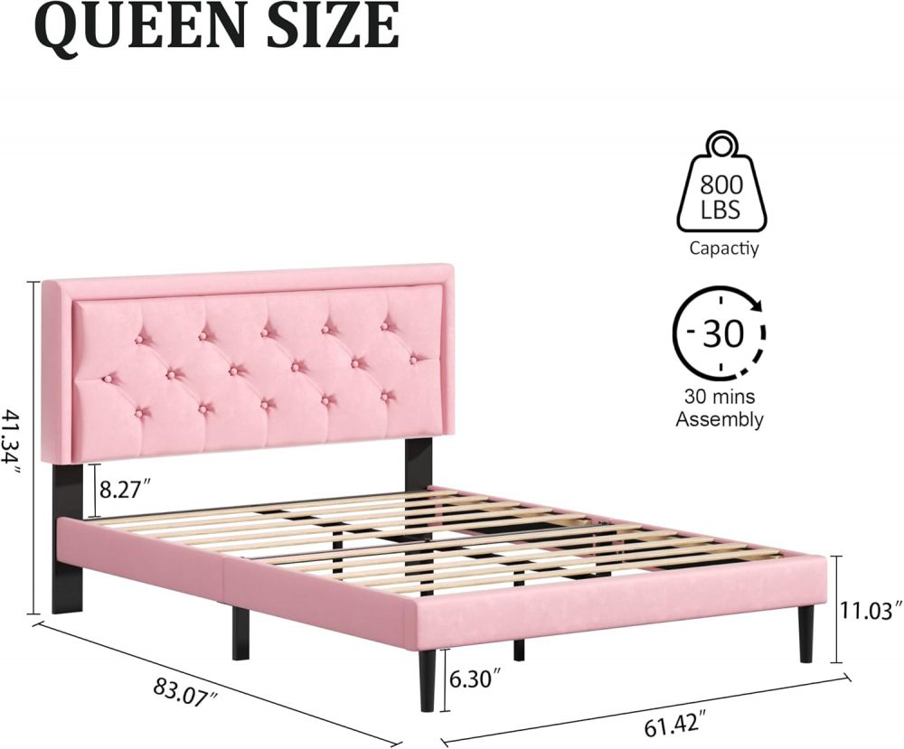 Platform Bed Frame with Upholstered Velvet Button Tufted Headboard, Mattress Foundation with Wooden Slat Support, Pink - Image 4