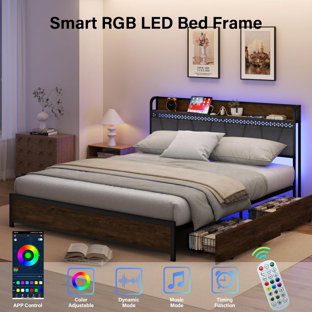 With Storage Headboard, Metal Platform Size Bed Frame with 4 Storage Drawers and Charging Station & LED - Image 9