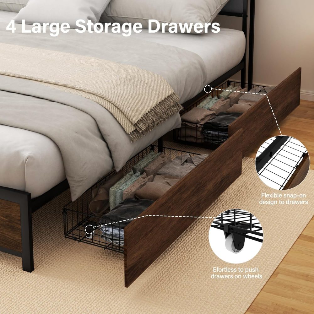 With Storage Headboard, Metal Platform Size Bed Frame with 4 Storage Drawers and Charging Station & LED - Image 8
