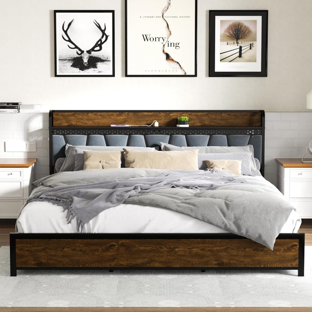 With Storage Headboard, Metal Platform Size Bed Frame with 4 Storage Drawers and Charging Station & LED - Image 2