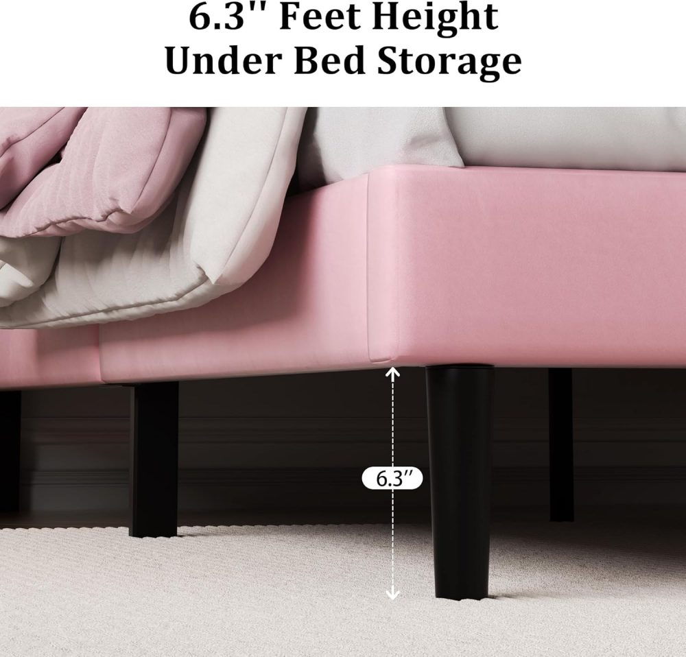 Platform Bed Frame with Upholstered Velvet Button Tufted Headboard, Mattress Foundation with Wooden Slat Support, Pink - Image 6