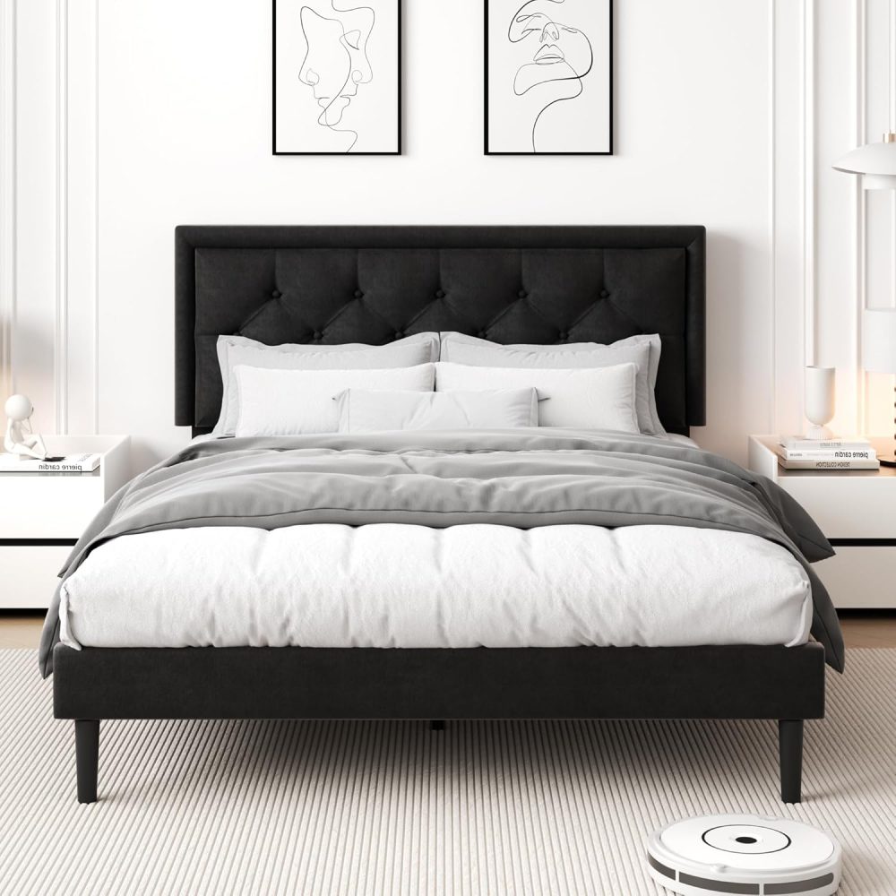 Platform Bed Frame with Upholstered Velvet Button Tufted Headboard, Mattress Foundation with Wooden Slat Support, Black - Image 6
