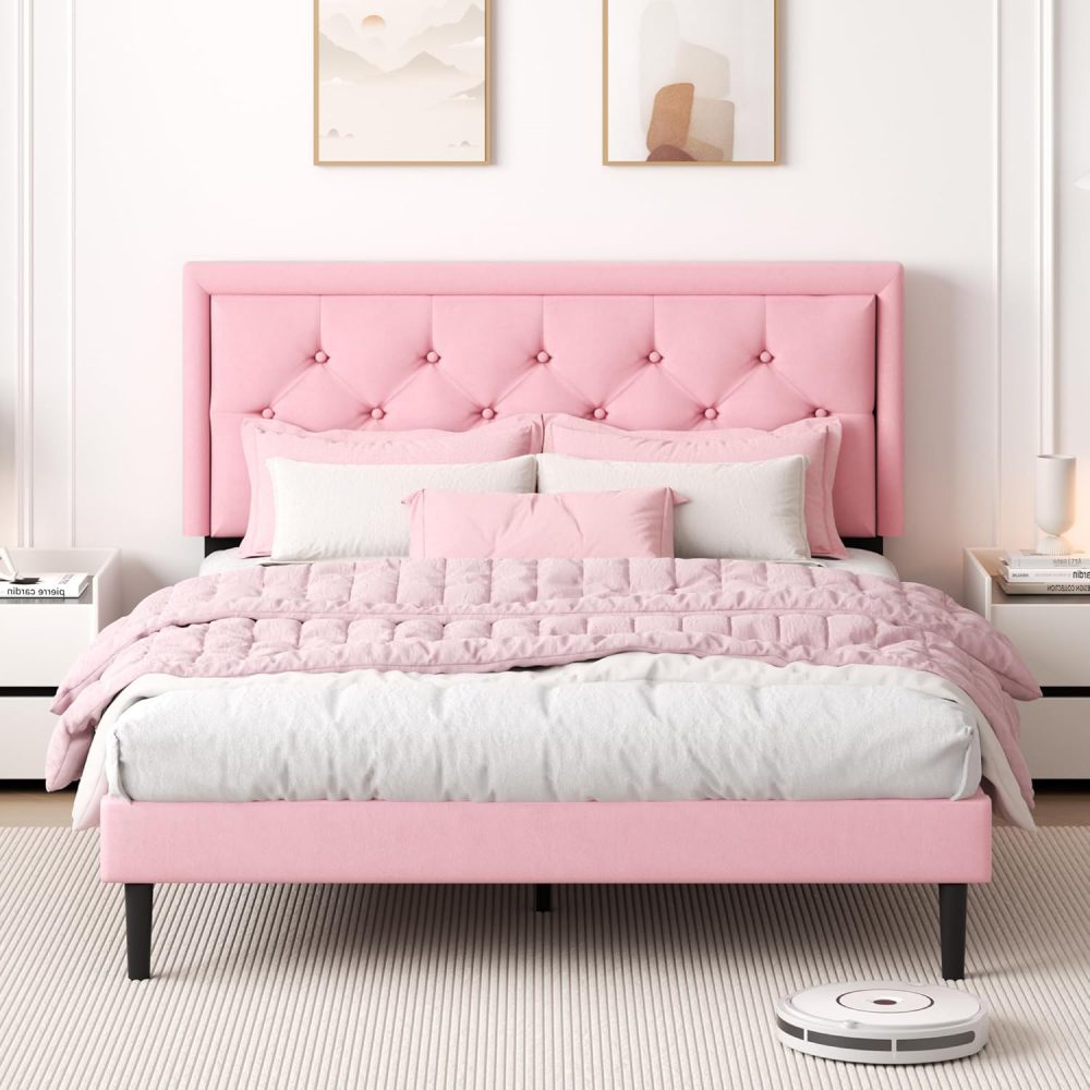 Platform Bed Frame with Upholstered Velvet Button Tufted Headboard, Mattress Foundation with Wooden Slat Support, Pink - Image 5