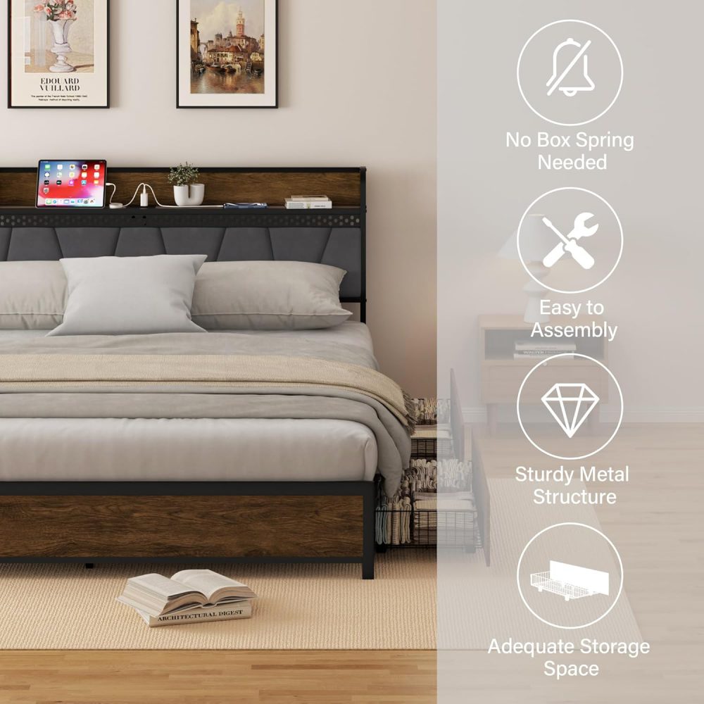 With Storage Headboard, Metal Platform Size Bed Frame with 4 Storage Drawers and Charging Station & LED - Image 7